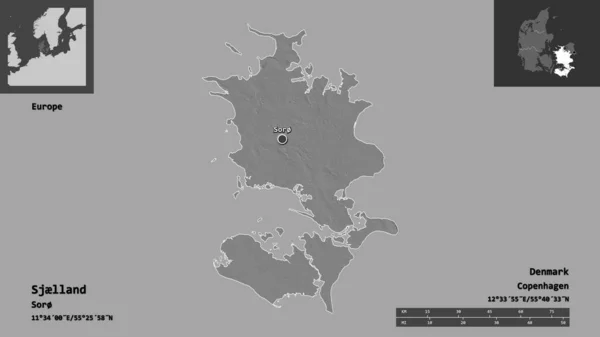 Tvar Sjllandu Dánské Oblasti Jeho Hlavního Města Měřítko Vzdálenosti Náhledy — Stock fotografie