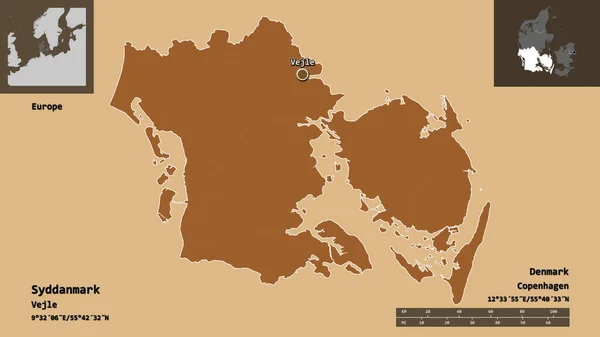 Bilden Syddanmark Regionen Danmark Och Dess Huvudstad Avståndsskala Förhandsvisningar Och — Stockfoto