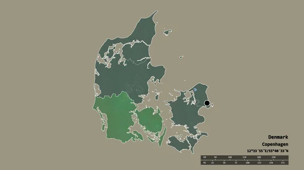 主要な地域部門と分離されたシダンマーク地域とデンマークの荒廃した形 ラベル 地形図 3Dレンダリング — ストック写真