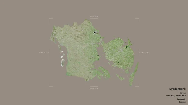 Area Syddanmark Region Denmark Isolated Solid Background Georeferenced Bounding Box — Stock Photo, Image