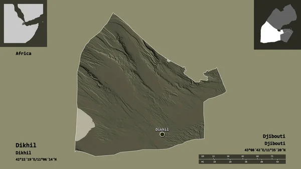 ディキルの形 ジブチの地域 およびその首都 距離スケール プレビューおよびラベル 色の標高マップ 3Dレンダリング — ストック写真