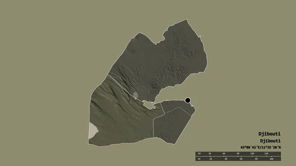 主要な地域部門と分離されたディキル地域とジブチの荒廃した形 ラベル 色の標高マップ 3Dレンダリング — ストック写真