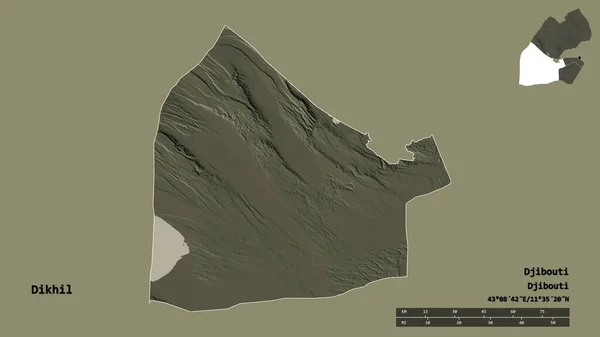 ジブチの地域であるディキルの形は その資本がしっかりとした背景に隔離されています 距離スケール リージョンプレビュー およびラベル 色の標高マップ 3Dレンダリング — ストック写真