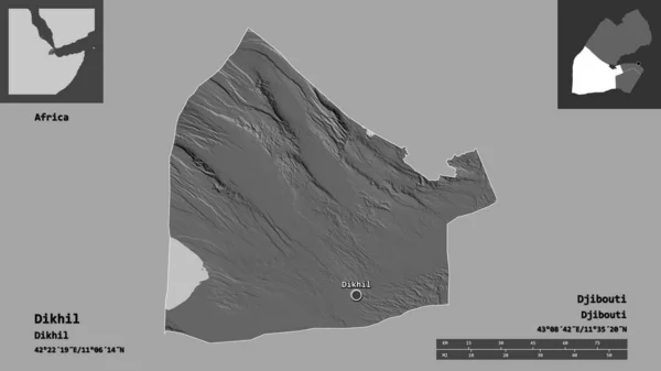 吉布提地区Dikhil的形状及其首都 距离刻度 预览和标签 Bilevel高程图 3D渲染 — 图库照片