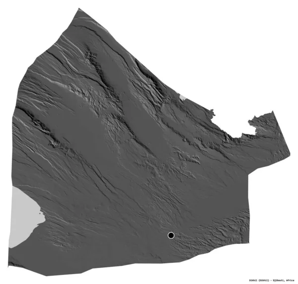 ジブチの地域であるディキルの形 白い背景に首都が孤立しています 標高マップ 3Dレンダリング — ストック写真