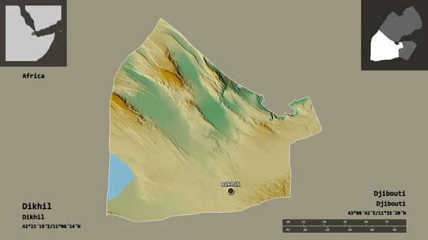 吉布提地区Dikhil的形状及其首都 距离刻度 预览和标签 地形浮雕图 3D渲染 — 图库照片
