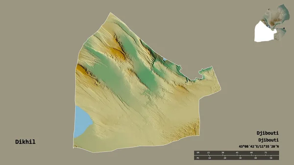 吉布提地区Dikhil的形状 其首都在坚实的背景下与世隔绝 距离尺度 区域预览和标签 地形浮雕图 3D渲染 — 图库照片