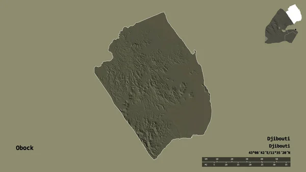 ジブチの地域であるオボクの形は その資本がしっかりとした背景に隔離されています 距離スケール リージョンプレビュー およびラベル 色の標高マップ 3Dレンダリング — ストック写真