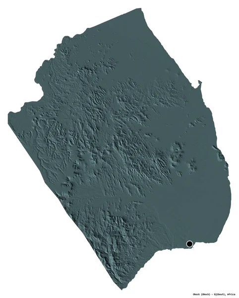 ジブチの地域であるオボクの形は その首都を白い背景に隔離されています 色の標高マップ 3Dレンダリング — ストック写真