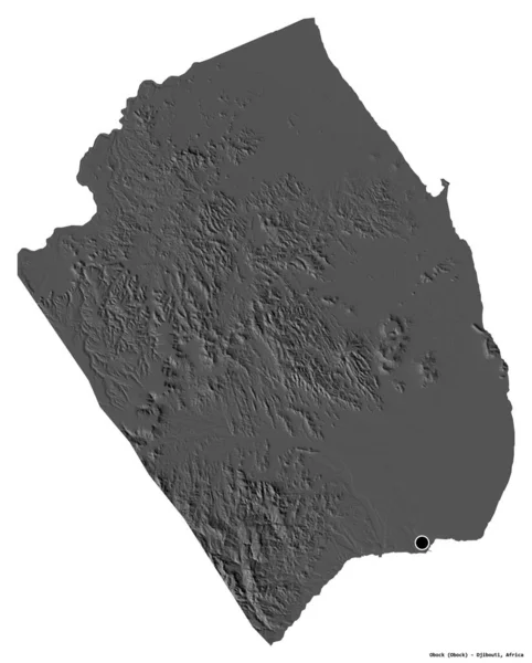 ジブチの地域であるオボクの形は その首都を白い背景に隔離されています 標高マップ 3Dレンダリング — ストック写真