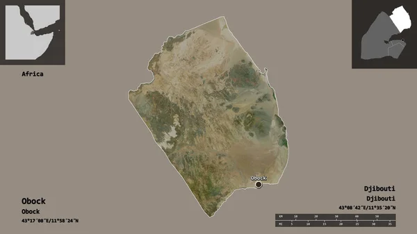 オボクの形 ジブチの地域 およびその首都 距離スケール プレビューおよびラベル 衛星画像 3Dレンダリング — ストック写真