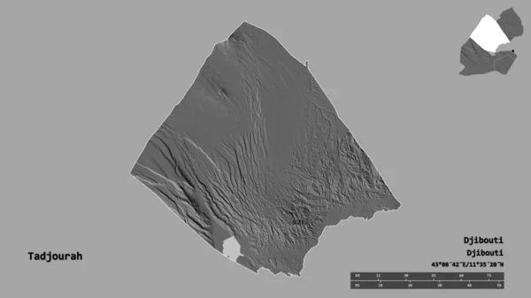 Kształt Tadżurah Regionu Dżibuti Stolicą Odizolowaną Solidnym Tle Skala Odległości — Zdjęcie stockowe