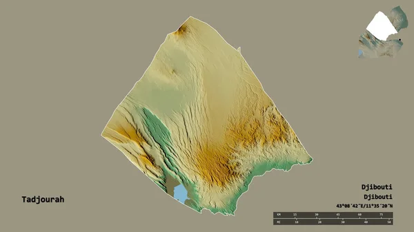 ジブチの地域であるタジュラーの形は その首都をしっかりとした背景に隔離されています 距離スケール リージョンプレビュー およびラベル 地形図 3Dレンダリング — ストック写真
