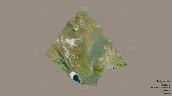ジブチの地域であるタジュラーの地域は 洗練された境界ボックス内の強固な背景に隔離されています ラベル 衛星画像 3Dレンダリング — ストック写真