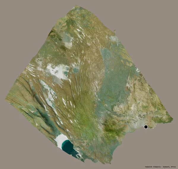ジブチの地域であるタジュラーの形は その首都がしっかりとした色の背景に隔離されています 衛星画像 3Dレンダリング — ストック写真