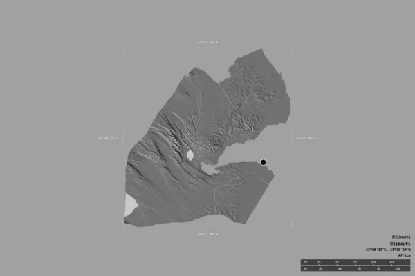 吉布提的一个地区被隔离在一个地理参照框的坚实背景中 主要区域分部 距离标度 Bilevel高程图 3D渲染 — 图库照片