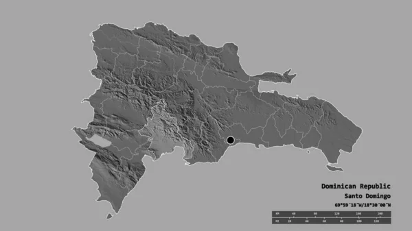 主要な地域部門と分離されたアズア地域とドミニカ共和国の荒廃した形 ラベル 標高マップ 3Dレンダリング — ストック写真