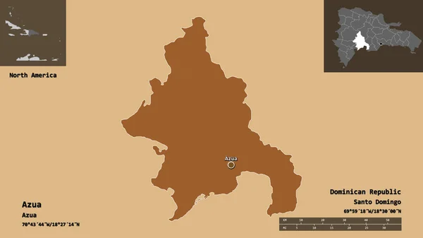 多明尼加共和国阿苏阿省的形状及其首府 距离刻度 预览和标签 图形纹理的组成 3D渲染 — 图库照片