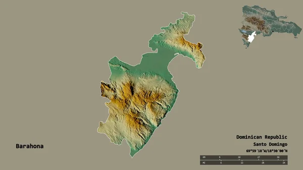 ドミニカ共和国のバラホナ州の形で その首都はしっかりとした背景に隔離されています 距離スケール リージョンプレビュー およびラベル 地形図 3Dレンダリング — ストック写真