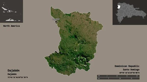 ドミニカ共和国の州であるダジャボンとその首都の形 距離スケール プレビューおよびラベル 衛星画像 3Dレンダリング — ストック写真