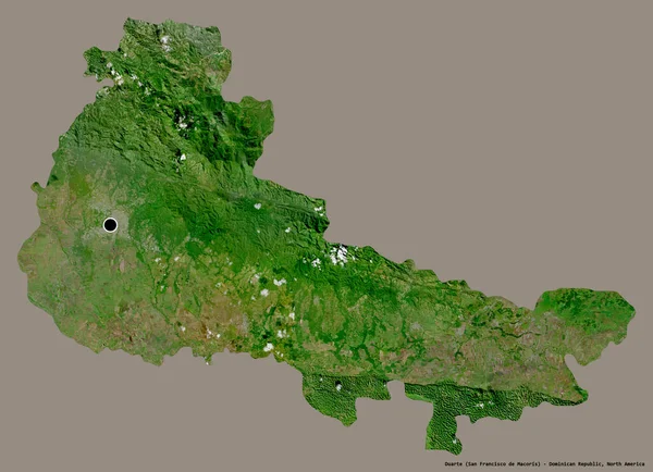 ドミニカ共和国のドゥアルテ州の形で その首都はしっかりとした色の背景に隔離されています 衛星画像 3Dレンダリング — ストック写真