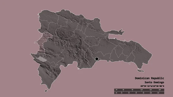 主要な地域部門と分離したイライアスピナエリアとドミニカ共和国の荒廃した形状 ラベル 色の標高マップ 3Dレンダリング — ストック写真