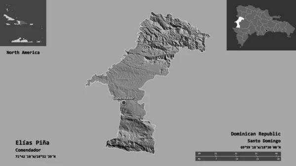 ドミニカ共和国のエリアス ピナ州とその首都の形 距離スケール プレビューおよびラベル 標高マップ 3Dレンダリング — ストック写真