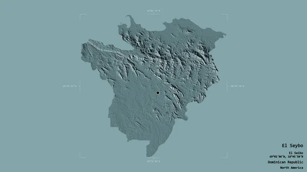 ドミニカ共和国のエル セイボ Seybo の地域は 洗練された境界線の箱の中にしっかりとした背景に隔離されています ラベル 色の標高マップ 3Dレンダリング — ストック写真