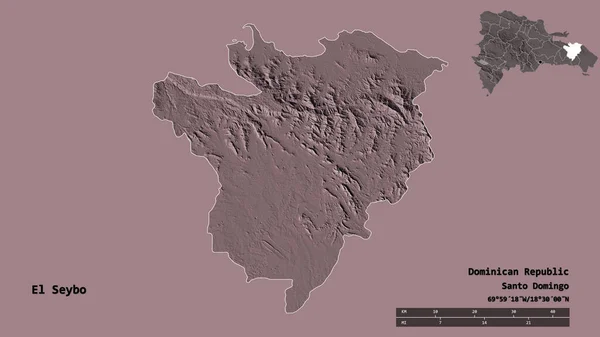 ドミニカ共和国のエル セイボ州の形で その首都はしっかりとした背景に孤立しています 距離スケール リージョンプレビュー およびラベル 色の標高マップ 3Dレンダリング — ストック写真