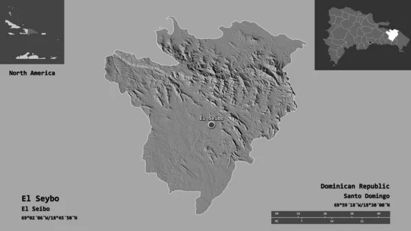 多明尼加共和国El Seybo的形状及其首都 距离刻度 预览和标签 Bilevel高程图 3D渲染 — 图库照片