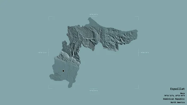 多米尼加共和国埃斯帕拉特地区 在一个地理参照框的坚实背景上被隔离 彩色高程图 3D渲染 — 图库照片