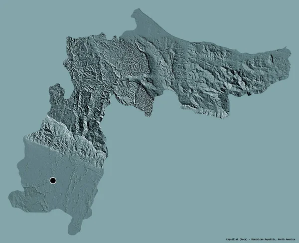 ドミニカ共和国の州 エスパールラットの形で その首都はしっかりした色の背景に隔離されています 色の標高マップ 3Dレンダリング — ストック写真