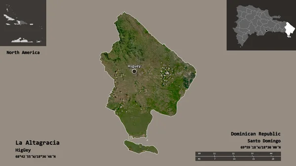 アルタグラシア ドミニカ共和国の州とその首都の形 距離スケール プレビューおよびラベル 衛星画像 3Dレンダリング — ストック写真