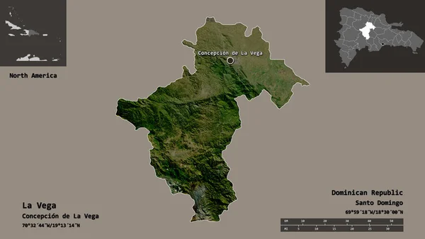 ドミニカ共和国の州であるラ ベガとその首都の形 距離スケール プレビューおよびラベル 衛星画像 3Dレンダリング — ストック写真
