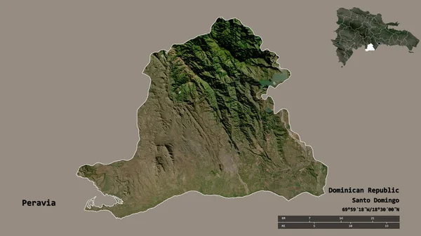 多明尼加共和国佩拉维亚省的形状 其首都在坚实的背景下与世隔绝 距离尺度 区域预览和标签 卫星图像 3D渲染 — 图库照片