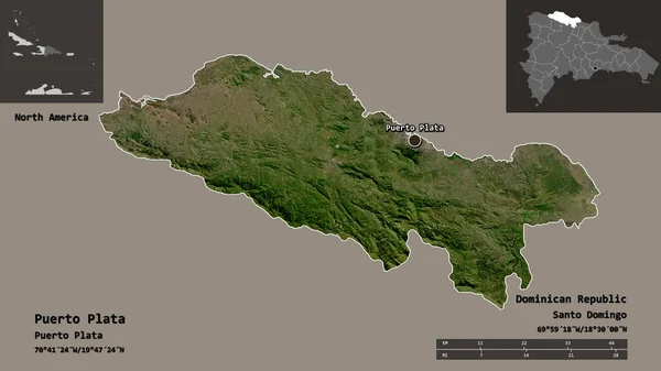 多明尼加共和国普拉塔港的形状及其首府 距离刻度 预览和标签 卫星图像 3D渲染 — 图库照片