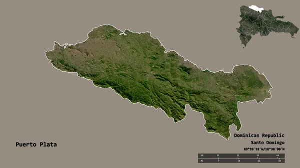 多明尼加共和国普拉塔港的形状 其首都背景坚实 与世隔绝 距离尺度 区域预览和标签 卫星图像 3D渲染 — 图库照片