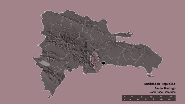 ドミニカ共和国の首都 主要な地域部門と分離したサン クリストバル地域での荒廃した形 ラベル 色の標高マップ 3Dレンダリング — ストック写真