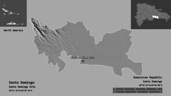 ドミニカ共和国の州であるサントドミンゴとその首都の形 距離スケール プレビューおよびラベル 標高マップ 3Dレンダリング — ストック写真