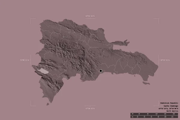 ドミニカ共和国の地域は 洗練された境界の箱の中にしっかりとした背景に隔離されています 主な地域部門 距離スケール ラベル 色の標高マップ 3Dレンダリング — ストック写真
