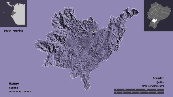 エクアドルのアズアイ州とその首都の形 距離スケール プレビューおよびラベル 色の標高マップ 3Dレンダリング — ストック写真