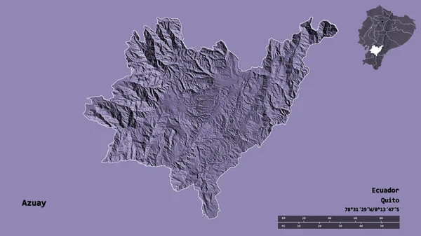 厄瓜多尔阿苏艾省的形状 其首都在坚实的背景下与世隔绝 距离尺度 区域预览和标签 彩色高程图 3D渲染 — 图库照片