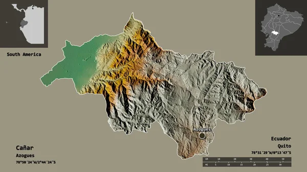 エクアドルのカナル県とその首都の形状 距離スケール プレビューおよびラベル 地形図 3Dレンダリング — ストック写真