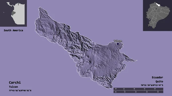 エクアドルの州カルチとその首都の形 距離スケール プレビューおよびラベル 色の標高マップ 3Dレンダリング — ストック写真