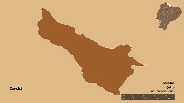 厄瓜多尔卡尔奇省的形状 其首都在坚实的背景下与世隔绝 距离尺度 区域预览和标签 图形纹理的组成 3D渲染 — 图库照片