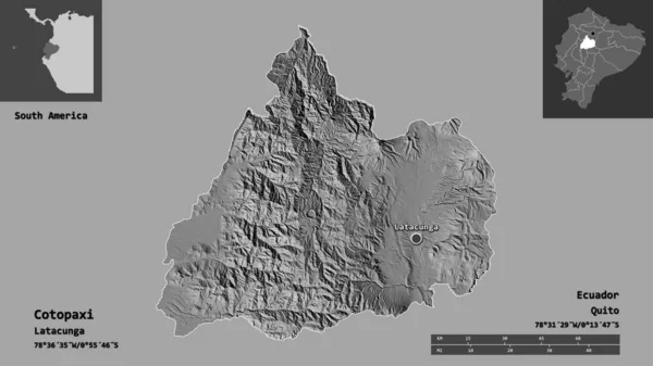 厄瓜多尔科托帕希省的形状及其首都 距离刻度 预览和标签 Bilevel高程图 3D渲染 — 图库照片