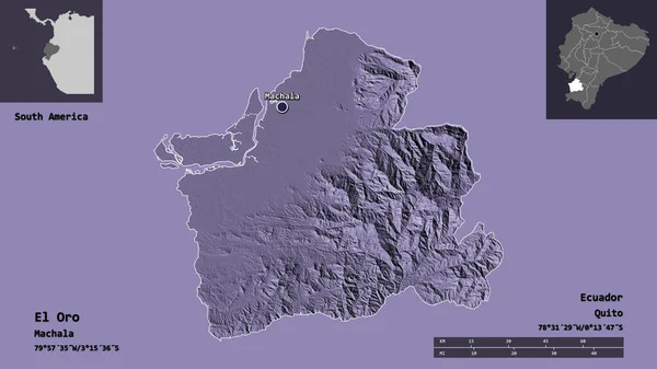 エクアドルのエル オロ県とその首都の形 距離スケール プレビューおよびラベル 色の標高マップ 3Dレンダリング — ストック写真