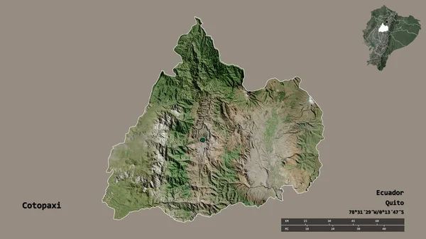 エクアドルのコトパキシ州の形で その首都はしっかりとした背景に隔離されています 距離スケール リージョンプレビュー およびラベル 衛星画像 3Dレンダリング — ストック写真