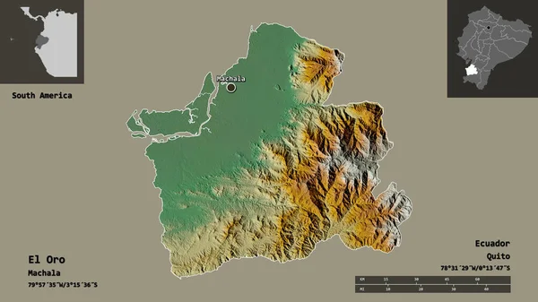 エクアドルのエル オロ県とその首都の形 距離スケール プレビューおよびラベル 地形図 3Dレンダリング — ストック写真