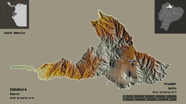 エクアドルのインバブラ州とその首都の形 距離スケール プレビューおよびラベル 地形図 3Dレンダリング — ストック写真
